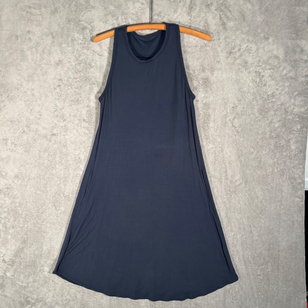 Shebird Swing Dress Size 3 Built in Bra Navy Blue Gathered Neck Pockets Midi